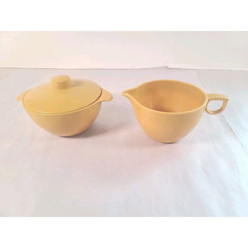 3 Piece Vintage Lustroware Mustard Yellow Sugar Bowl and Creamer w/ Lid